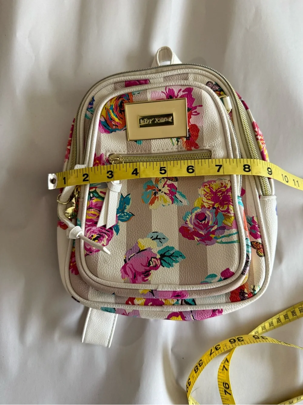 Betsey Johnson White Floral Mini Backpack with Pink & Teal Accents